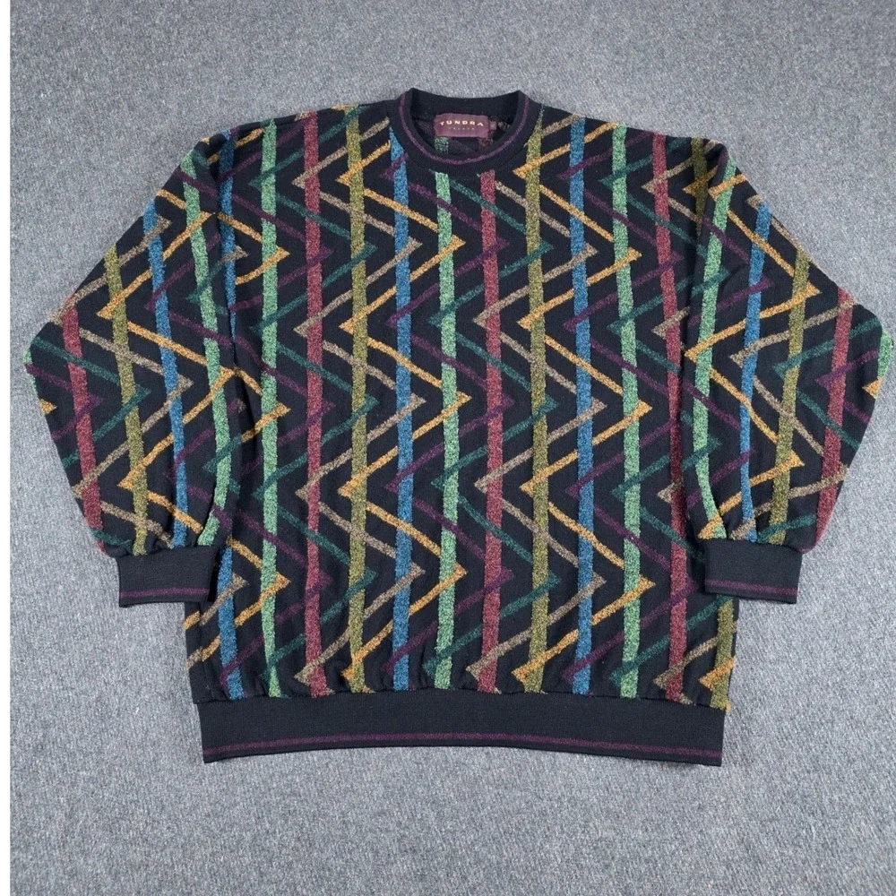 RARE VTG Tundra Canada 3D Knit Sweater Mens XL Geometric Abstract Cosby Colorful